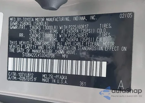 2005 Toyota Sienna Xle Limited из США, поврежденный, VIN 5TDBA22C45S040708